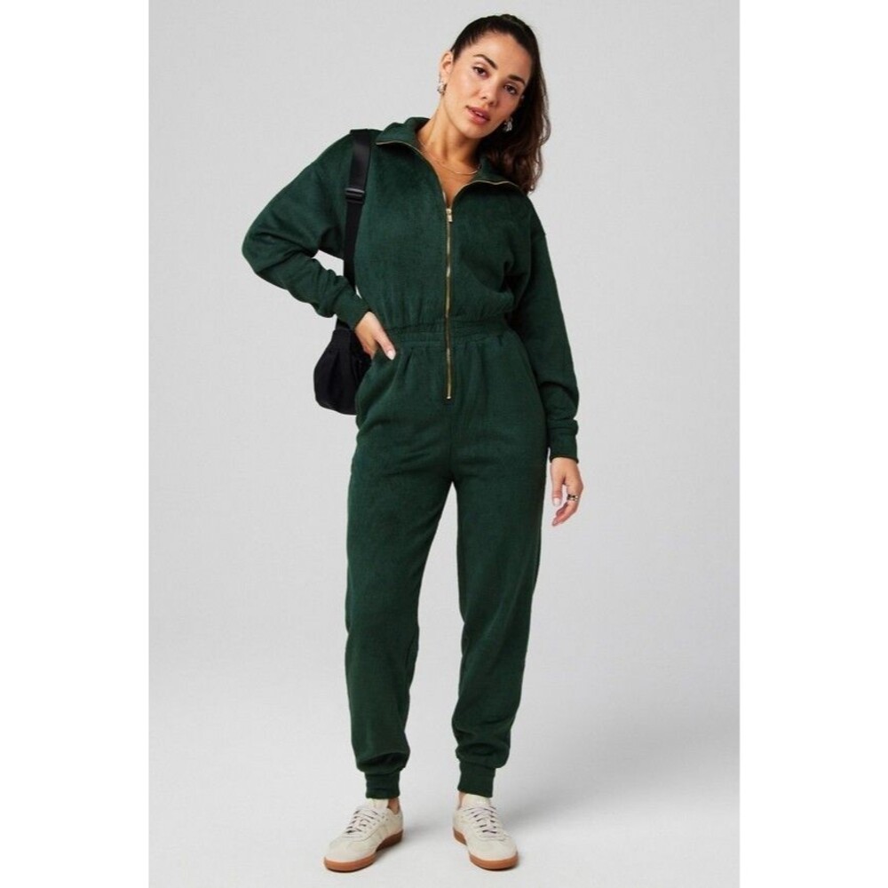 Fabletics Velvet Fleece Long Sleeve Mock Neck Pocket Jumpsuit Women Medium Green